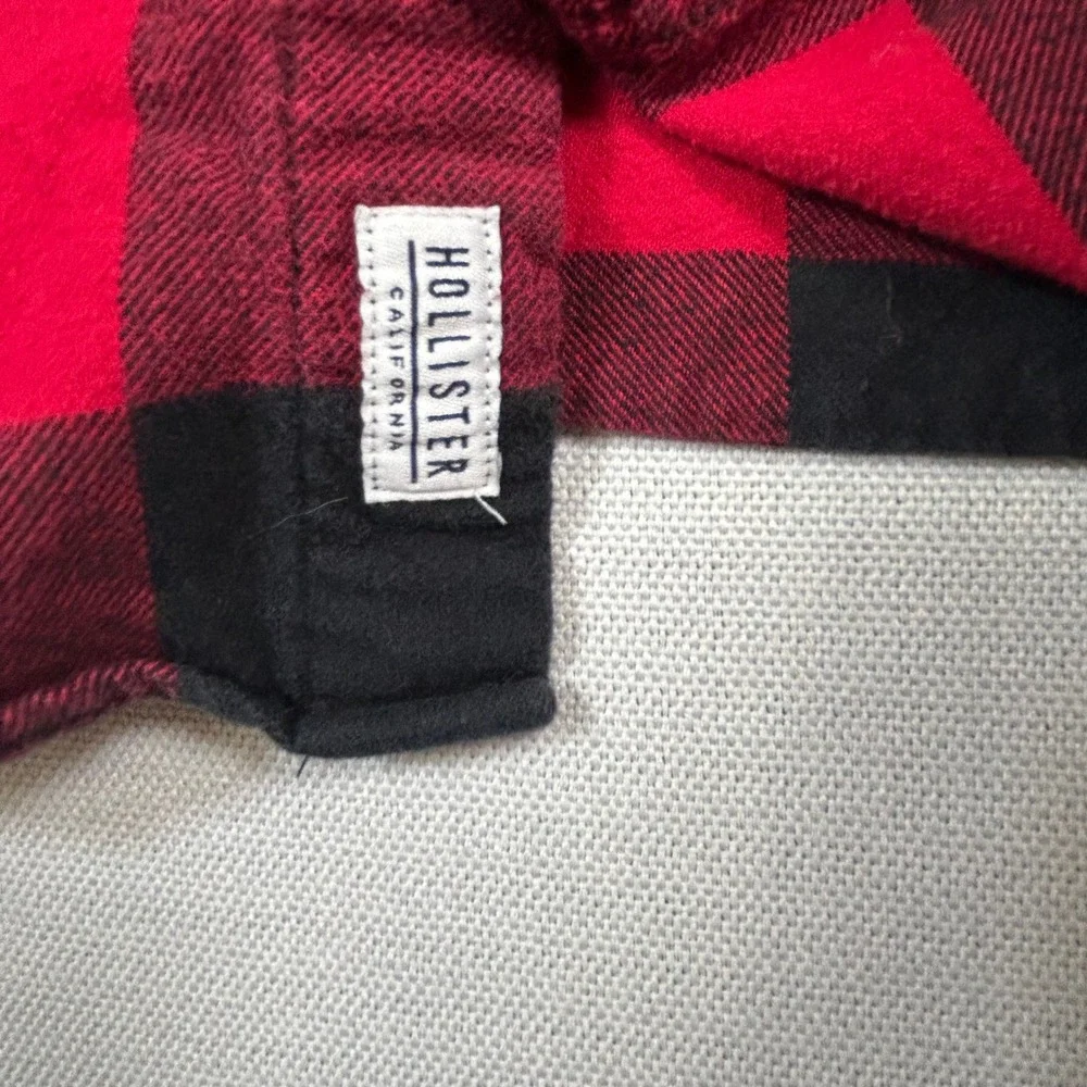 Hollister Hooded Flannel Mens M Buffalo Plaid Red Black Hoodie Shacket Shirt